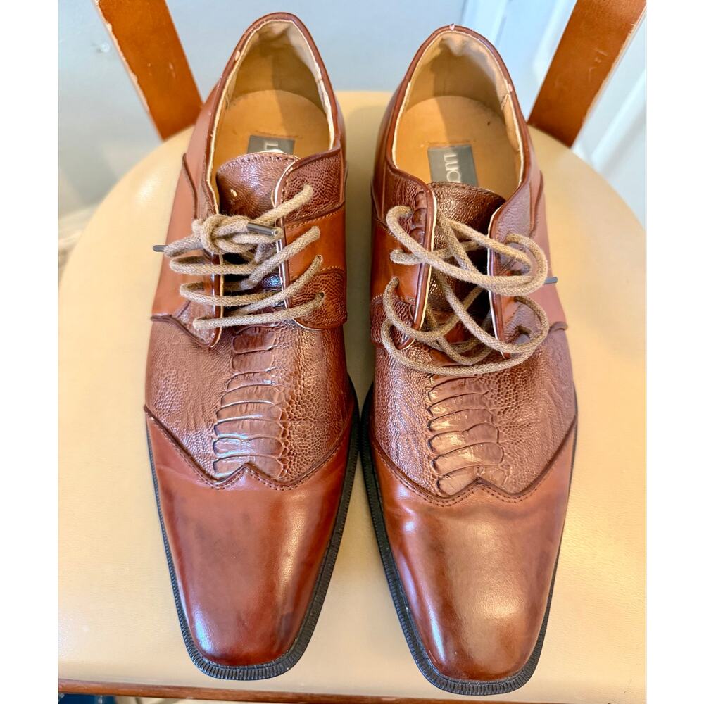 Lucio Ricci Men Faux Ostrich Leg Textured Brown Oxford Dress Shoes Size 9 M